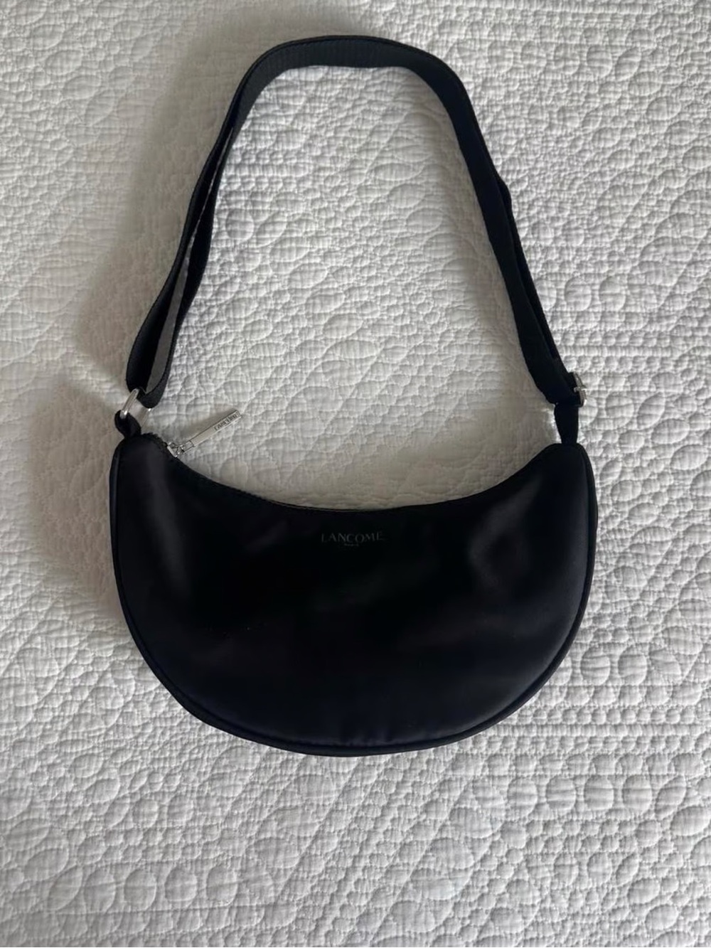 Lancôme Paris Nylon Black Crescent Shape Half Moon Shoulder Bag with Silver Hard